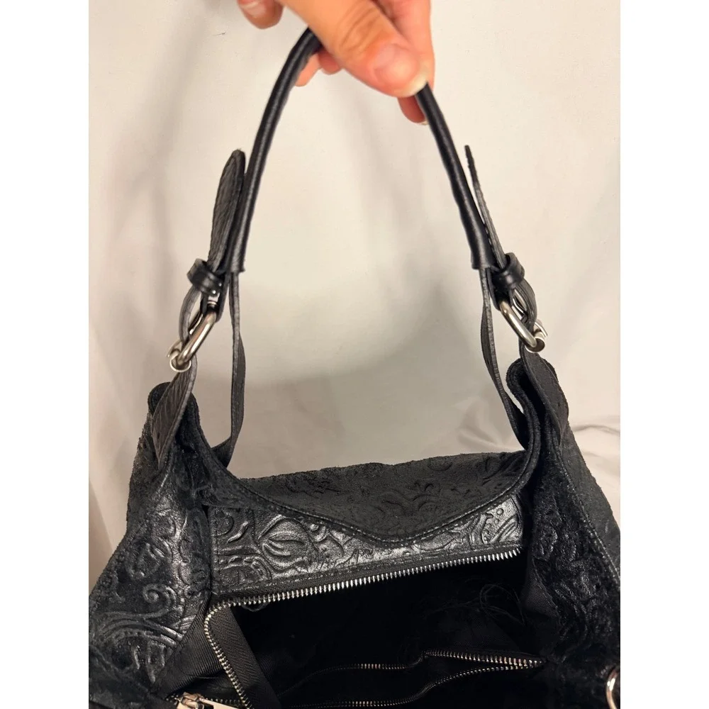 Isadora Italy Black Embossed Floral Leather Hobo Bag Slouchy Shoulder Tote Large